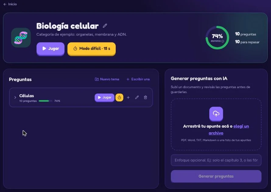 Pantalla de una materia en BrainPup, con el panel para subir un apunte y generar preguntas con IA