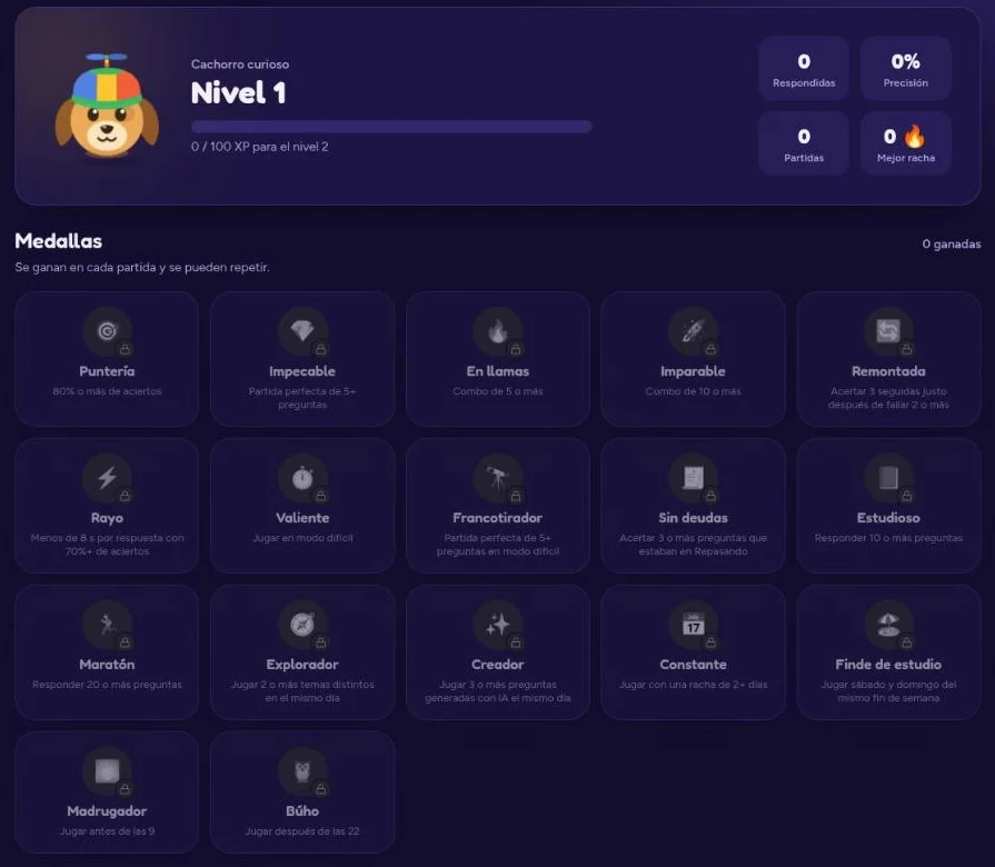 Pantalla de logros de BrainPup con nivel, XP y medallas como Puntería, En llamas e Imparable
